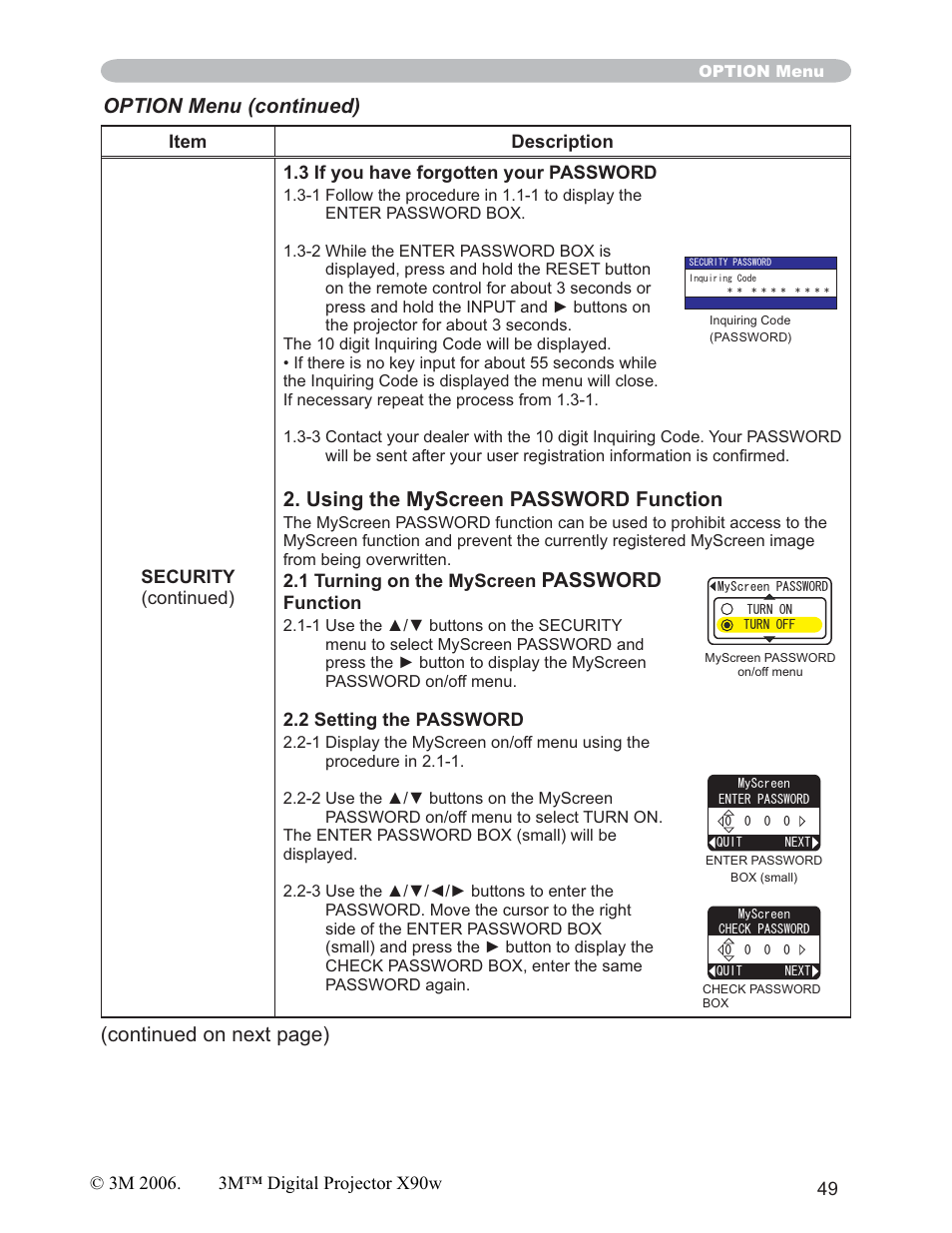 Using the myscreen password function, Password, Option menu (continued) | Continued on next page) | 3M X90w User Manual | Page 49 / 73