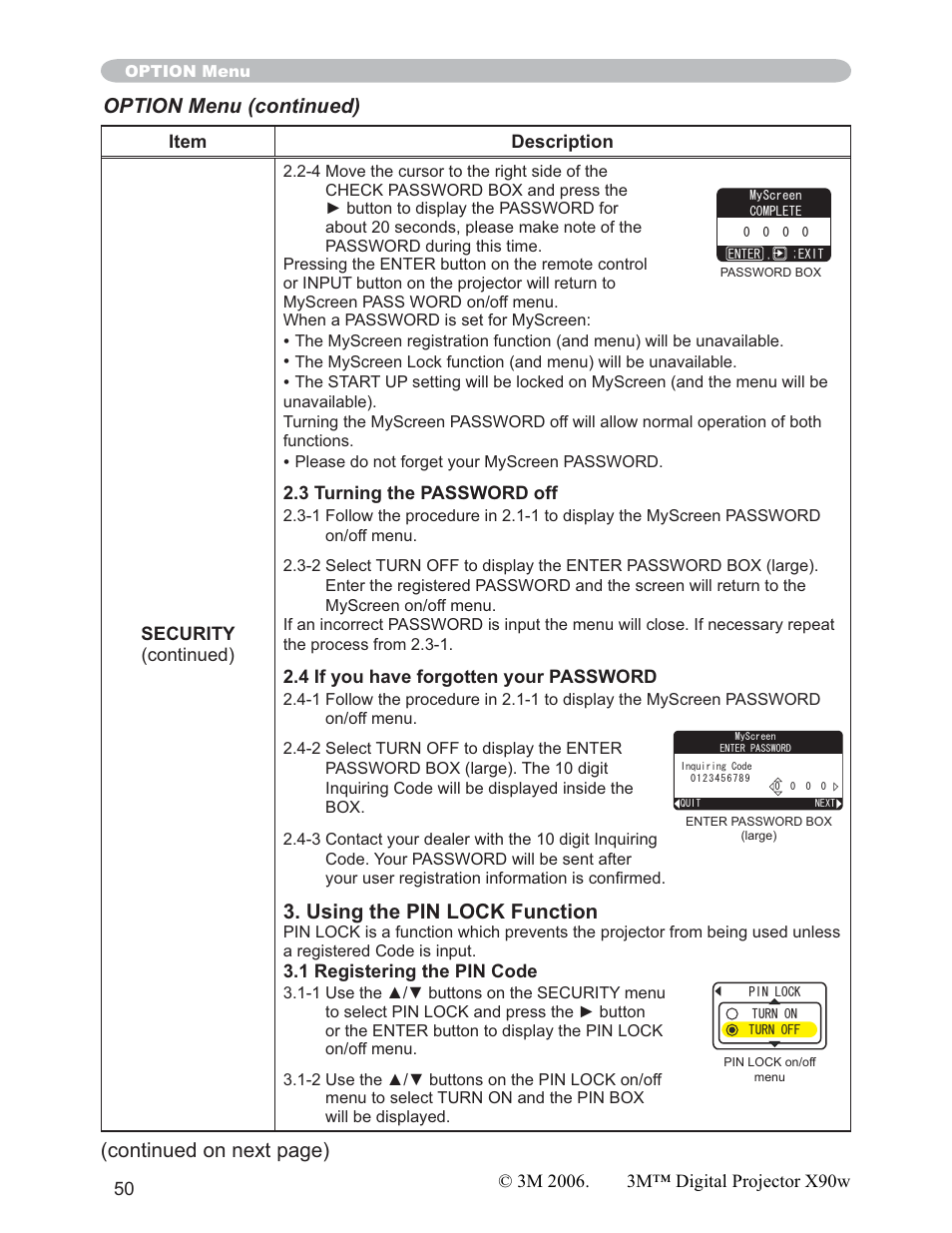 Using the pin lock function, Option menu (continued), Continued on next page) | 3M X90w User Manual | Page 50 / 73