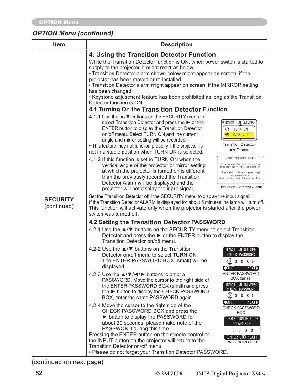 Using the transition detector function, Transition detector, Option menu (continued) | Continued on next page), 52 item description security (continued), 1 turning on the, Function, 2 setting the, Password | 3M X90w User Manual | Page 52 / 73