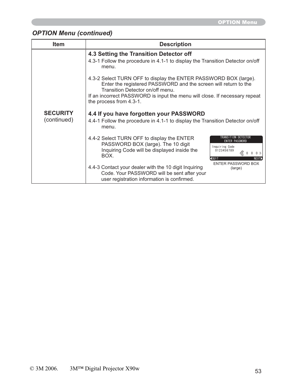 Option menu (continued) | 3M X90w User Manual | Page 53 / 73