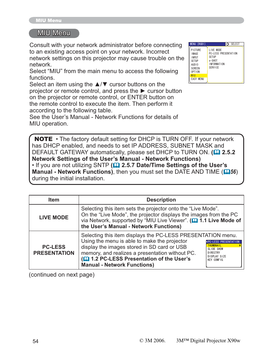 Miu menu, Continued on next page) | 3M X90w User Manual | Page 54 / 73