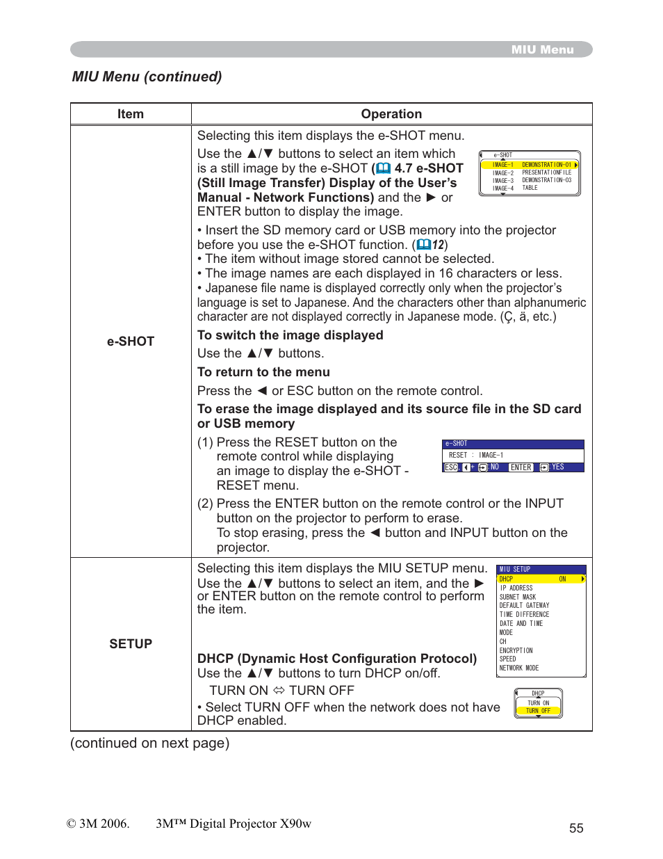 Continued on next page), Miu menu (continued) | 3M X90w User Manual | Page 55 / 73