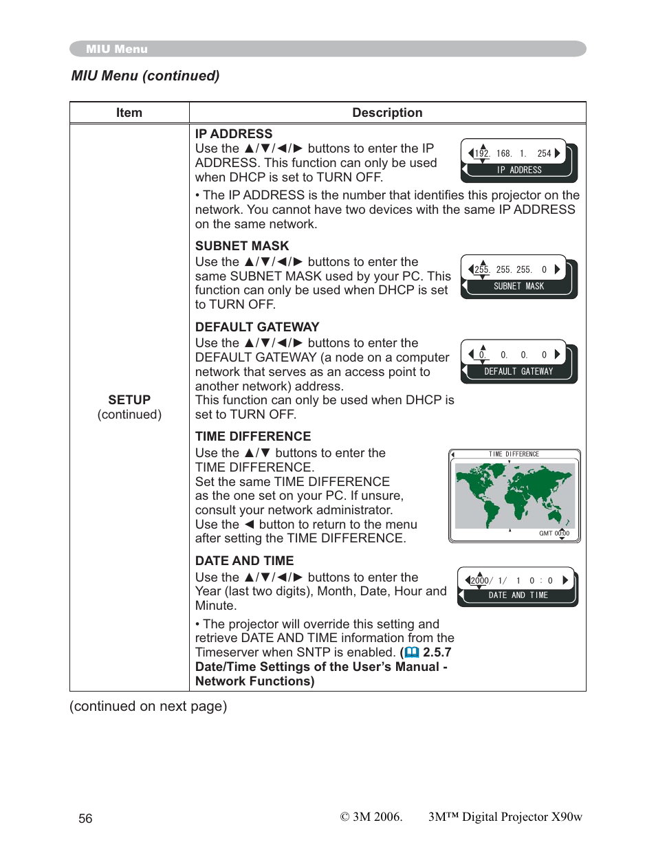 Miu menu (continued), Continued on next page) | 3M X90w User Manual | Page 56 / 73