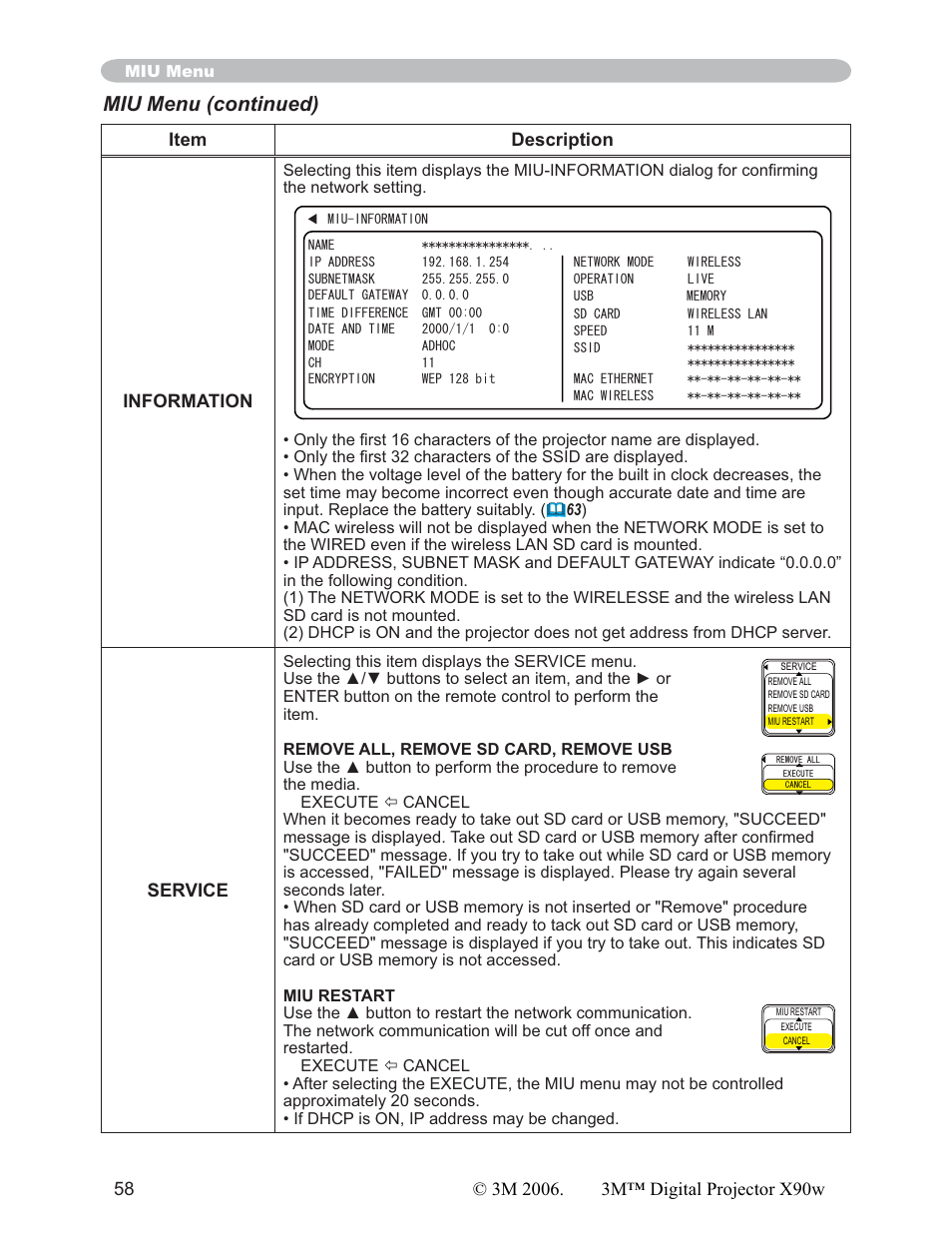 Miu menu (continued), Item description information, Service | 3M X90w User Manual | Page 58 / 73