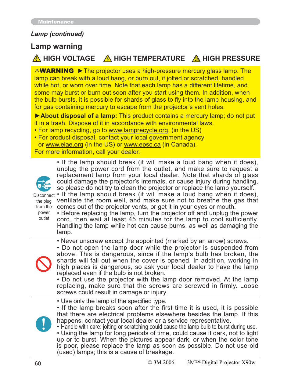 Lamp warning | 3M X90w User Manual | Page 60 / 73