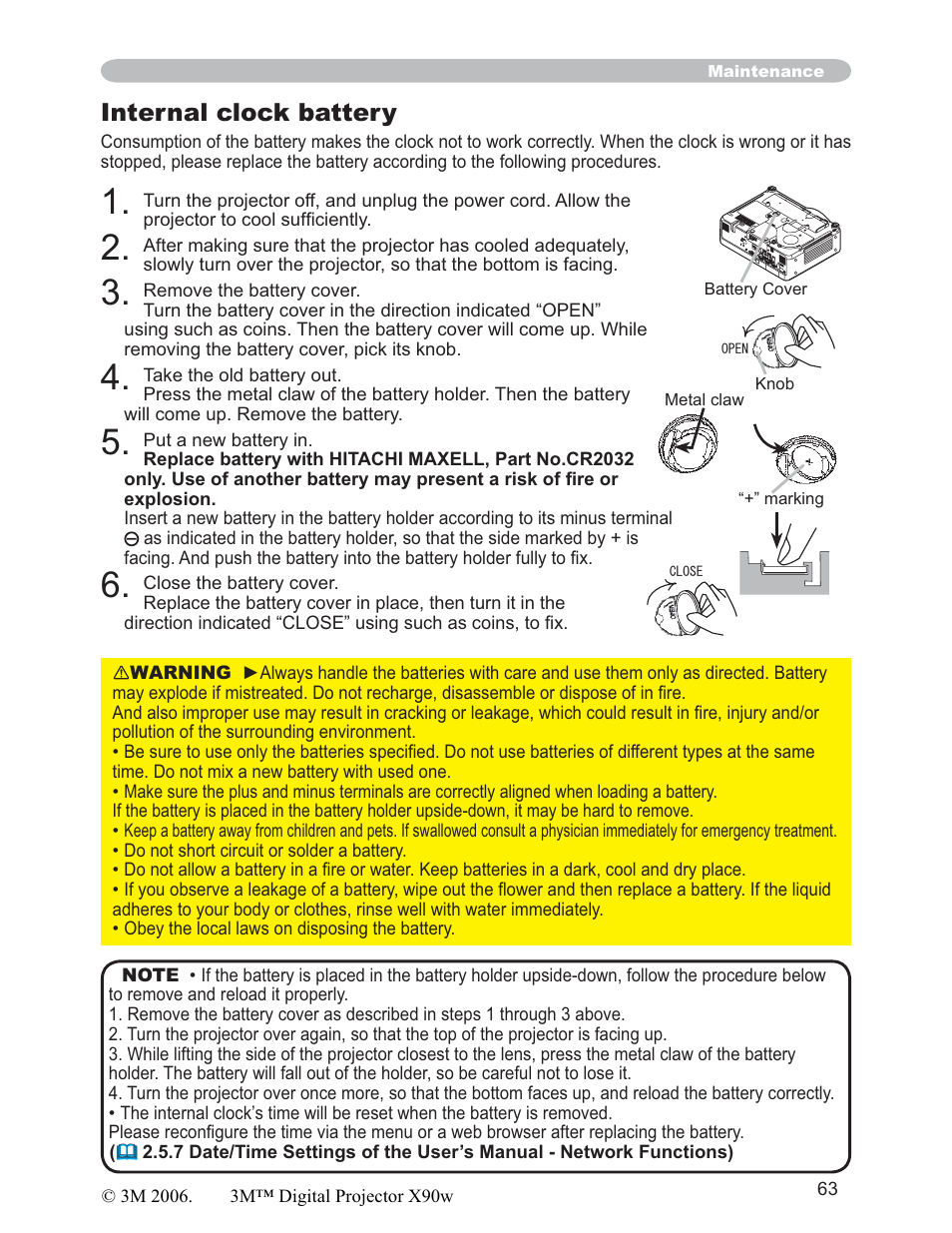Internal clock battery | 3M X90w User Manual | Page 63 / 73