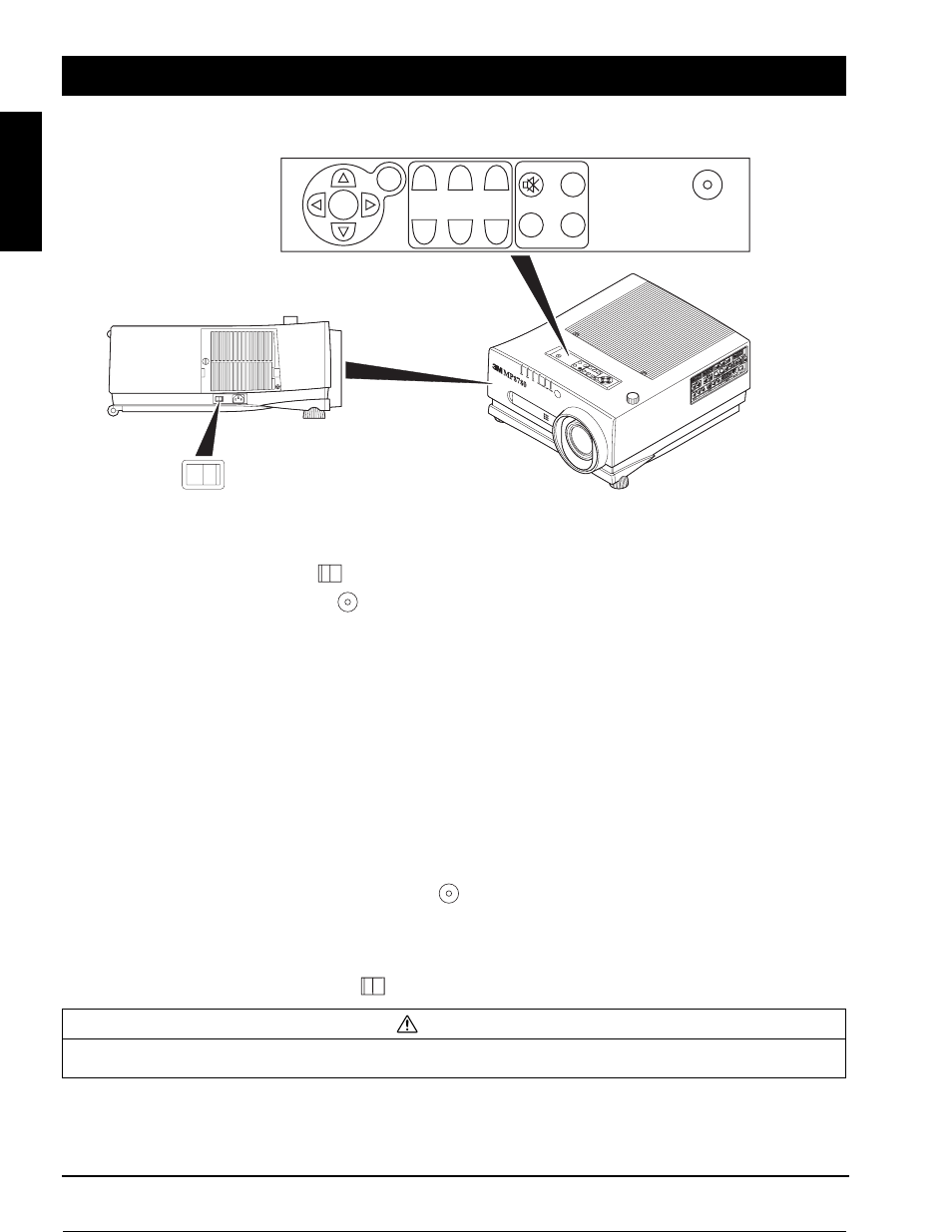 Basic operations, Section 3: basic operations, 1 projector startup | 2 projector shutdown, English, Caution | 3M MP8780 User Manual | Page 13 / 38