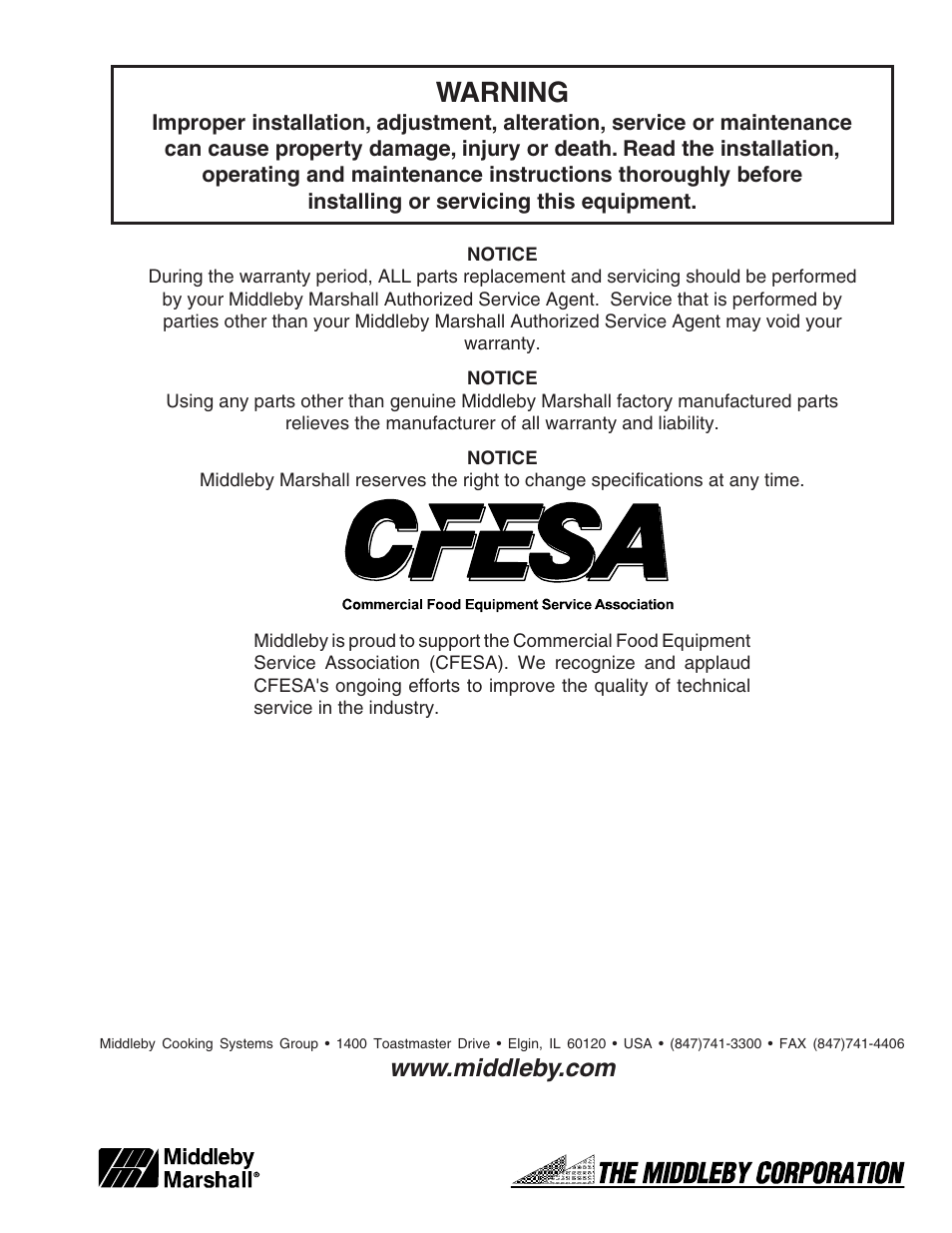 Warning | Middleby Marshall PS840E Electric User Manual | Page 35 / 35