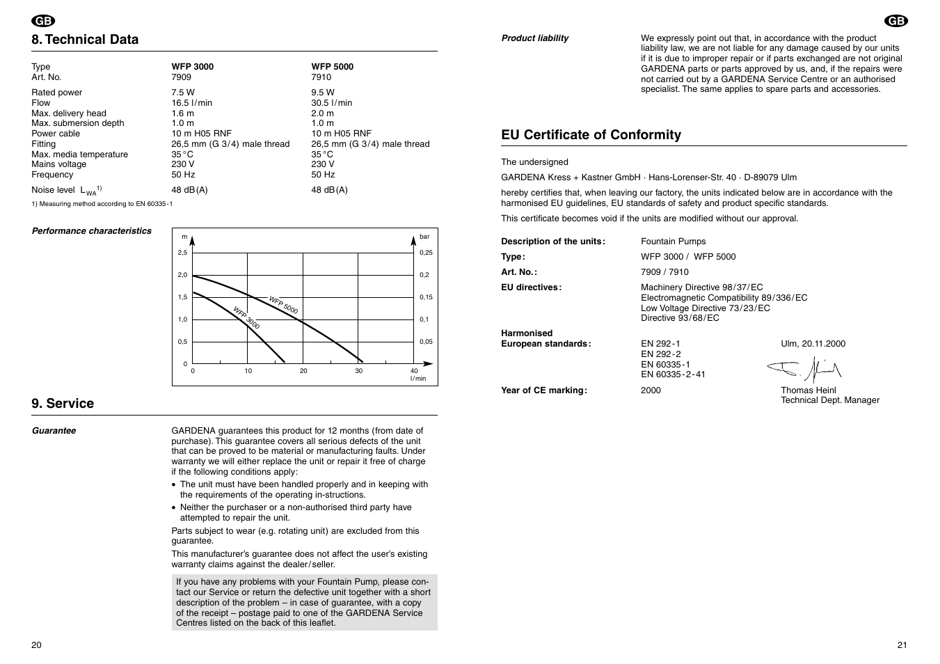 Technical data, Eu certificate of conformity, Service | Gardena Art. 7910 User Manual | Page 6 / 7