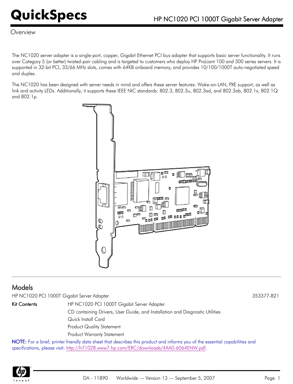 HP NC1020 PCI 1000T User Manual | 6 pages