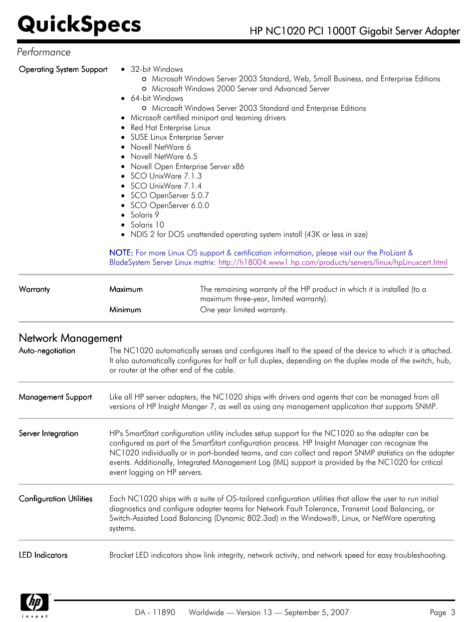 Quickspecs, Network management | HP NC1020 PCI 1000T User Manual | Page 3 / 6