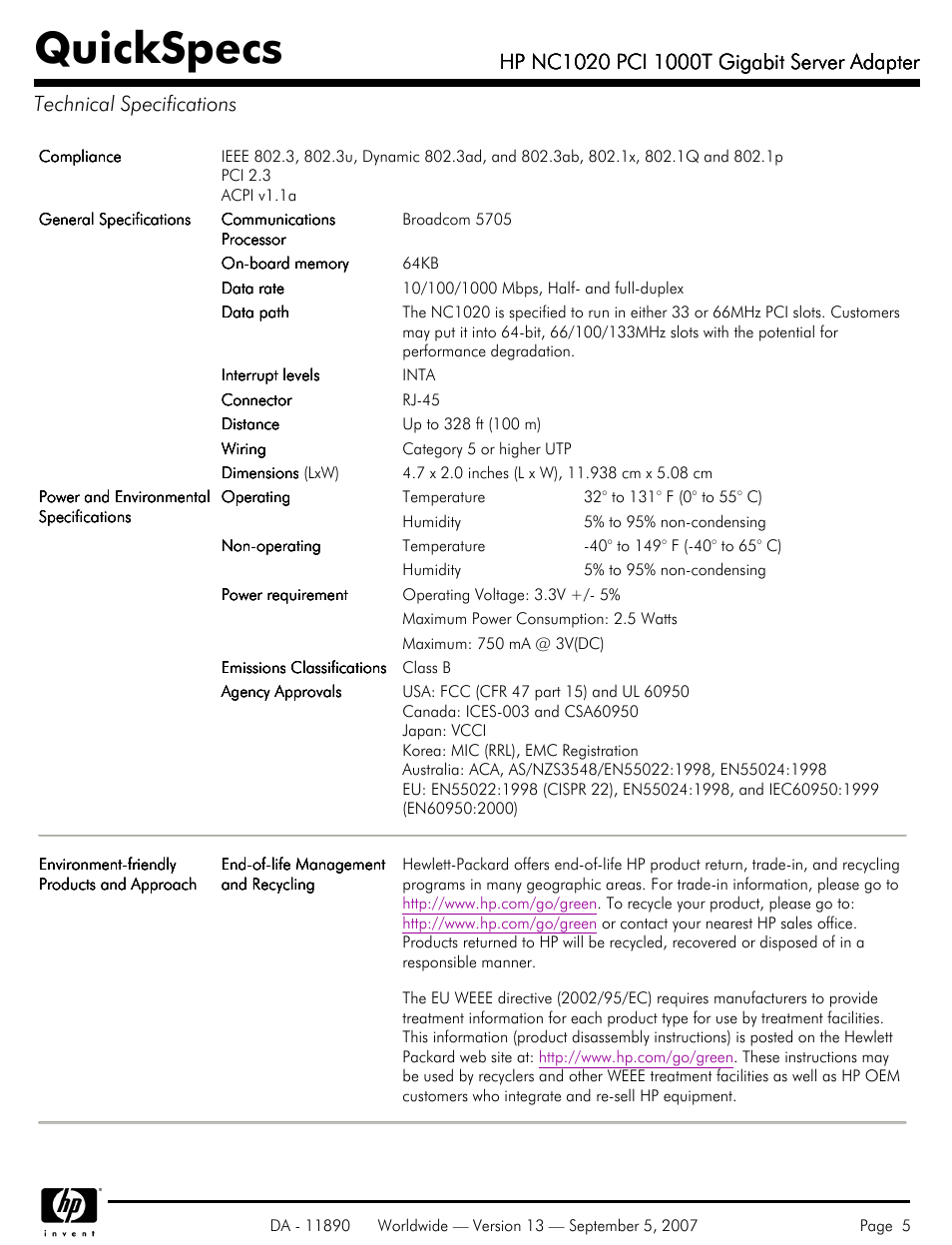 Technical specifications, Quickspecs | HP NC1020 PCI 1000T User Manual | Page 5 / 6