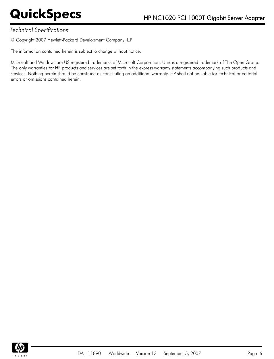 Quickspecs | HP NC1020 PCI 1000T User Manual | Page 6 / 6