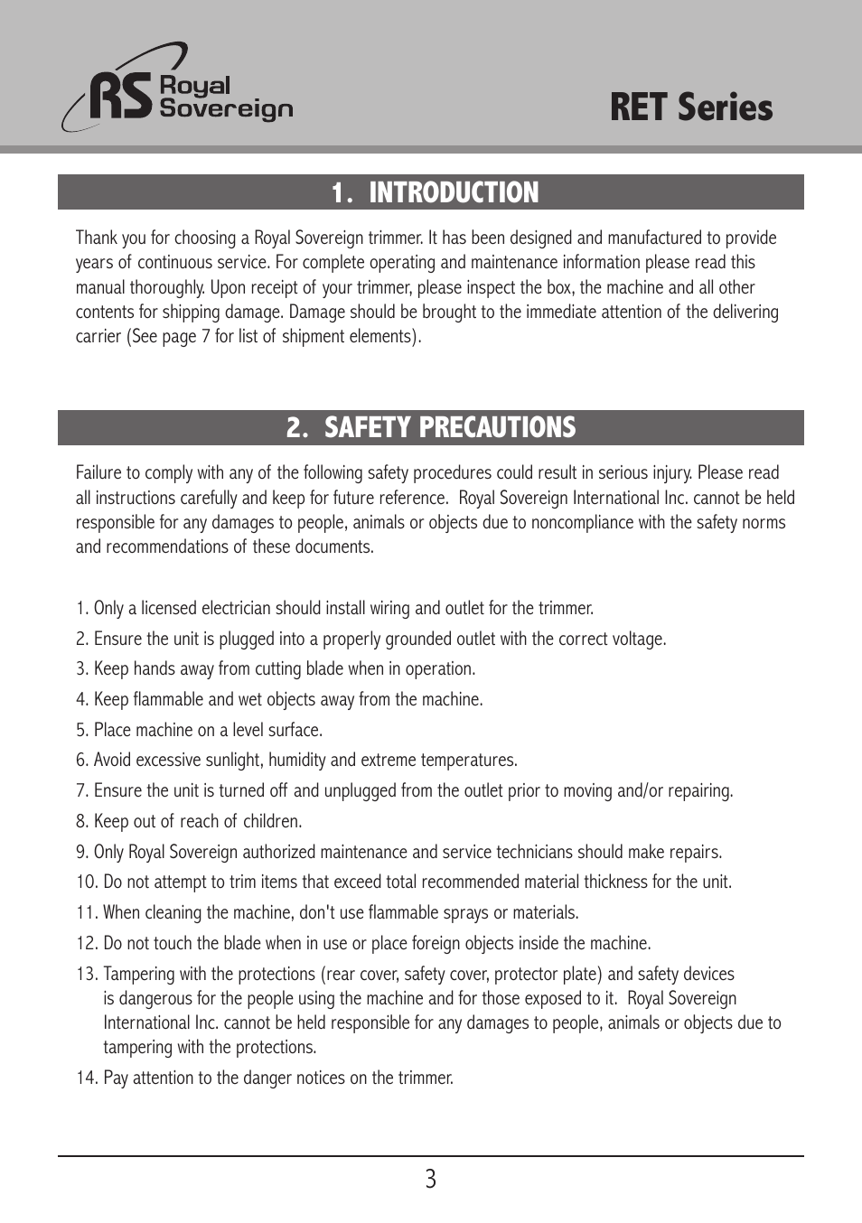 Ret series, Introduction 2. safety precautions | Royal Sovereign RET-2500 User Manual | Page 3 / 15