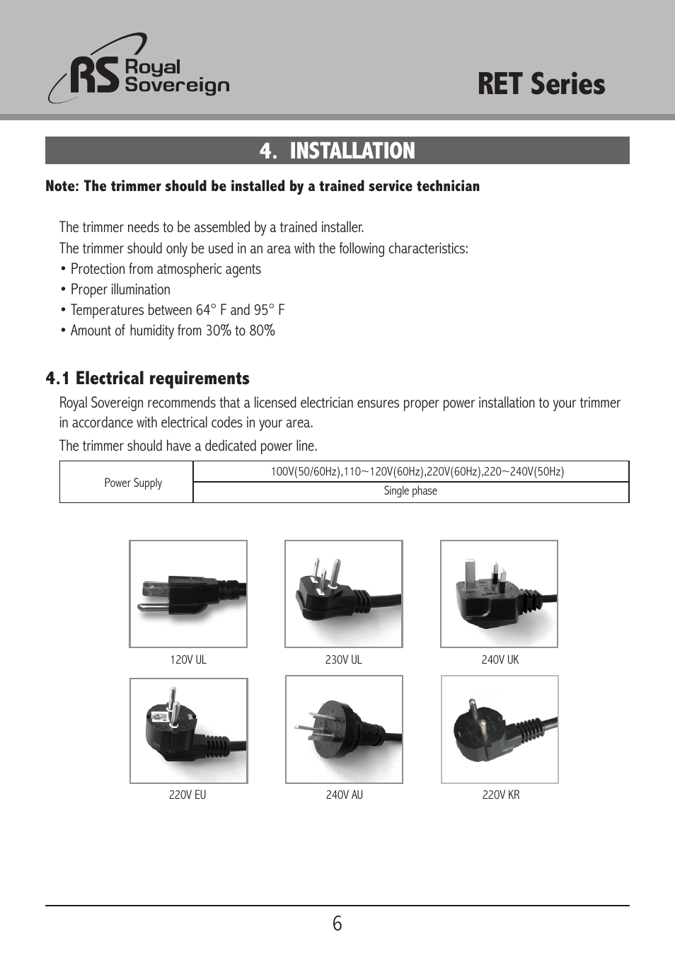 Ret series, Installation, 1 electrical requirements | Royal Sovereign RET-2500 User Manual | Page 6 / 15