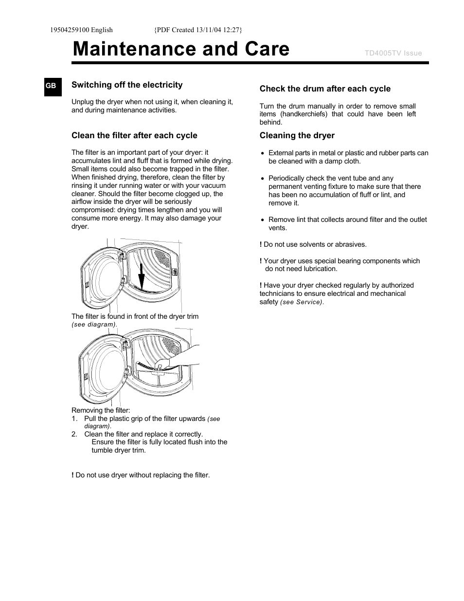 Maintenance and care | Ariston AS60V User Manual | Page 10 / 12
