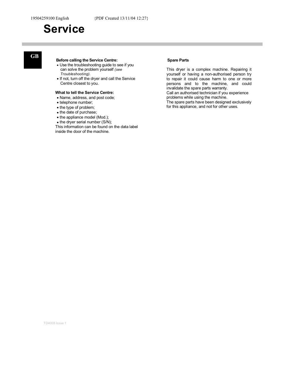 Service | Ariston AS60V User Manual | Page 12 / 12