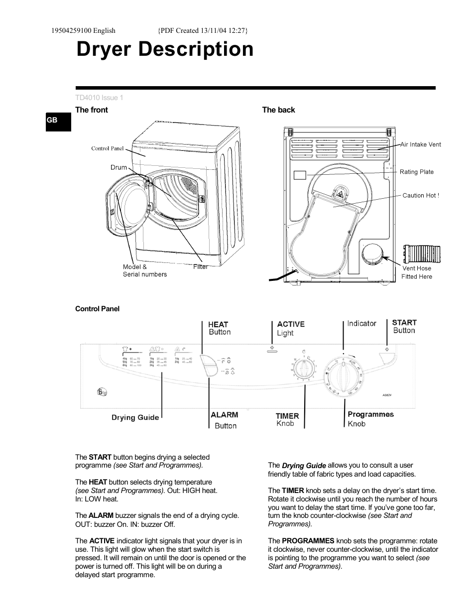 Dryer description | Ariston AS60V User Manual | Page 4 / 12
