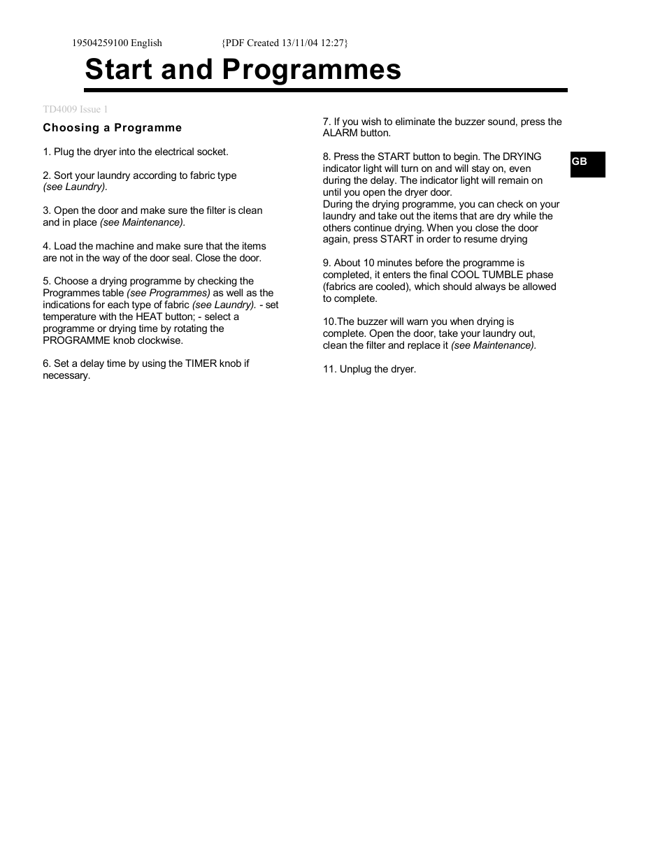 Start and programmes | Ariston AS60V User Manual | Page 5 / 12