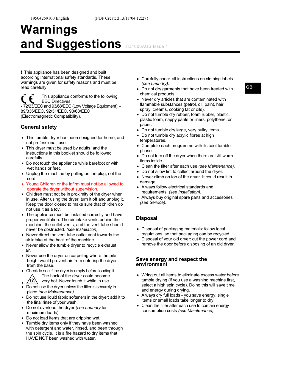 Warnings and suggestions | Ariston AS60V User Manual | Page 9 / 12