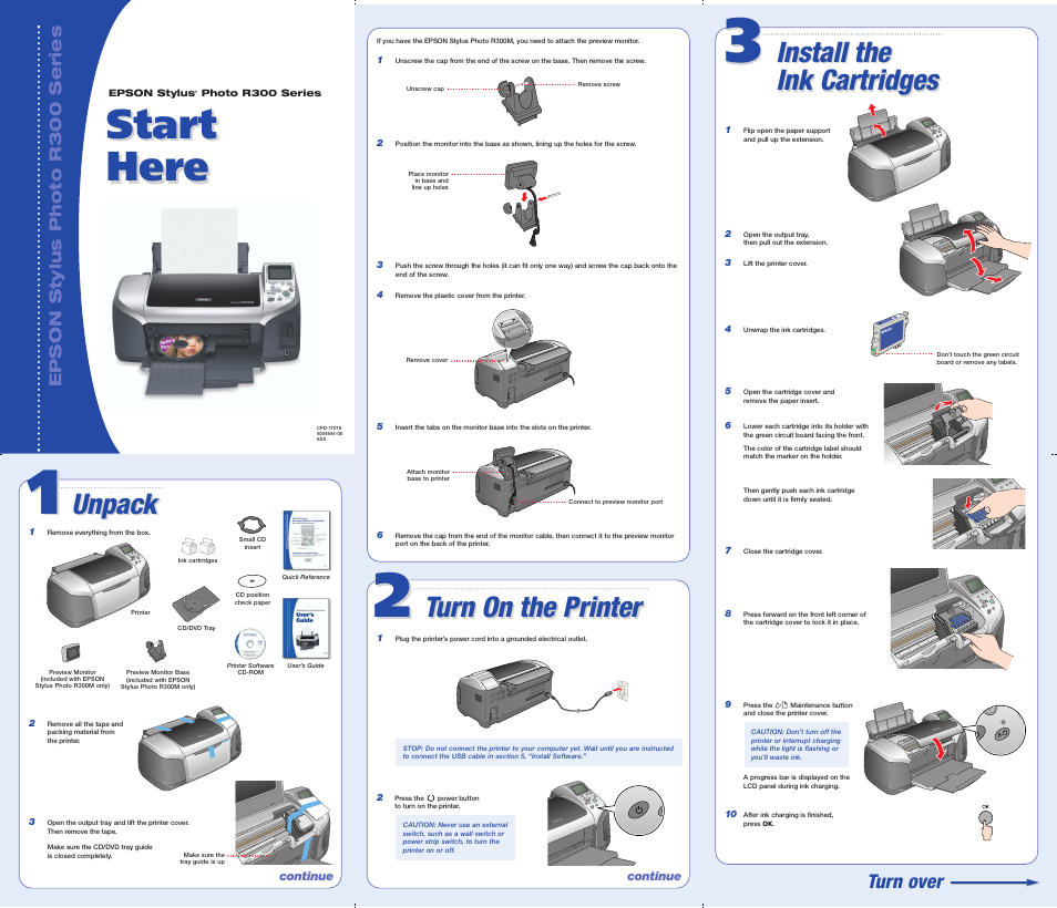 Turn on the printer, Start here, Unpack | Install the ink cartridges, Turn over | Epson R300 User Manual | Page 2 / 6