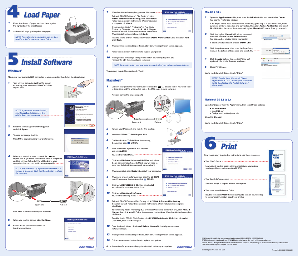 Mac os x 10.x, Macintosh os 8.6 to 9.x, Print | Install software, Load paper | Epson R300 User Manual | Page 6 / 6