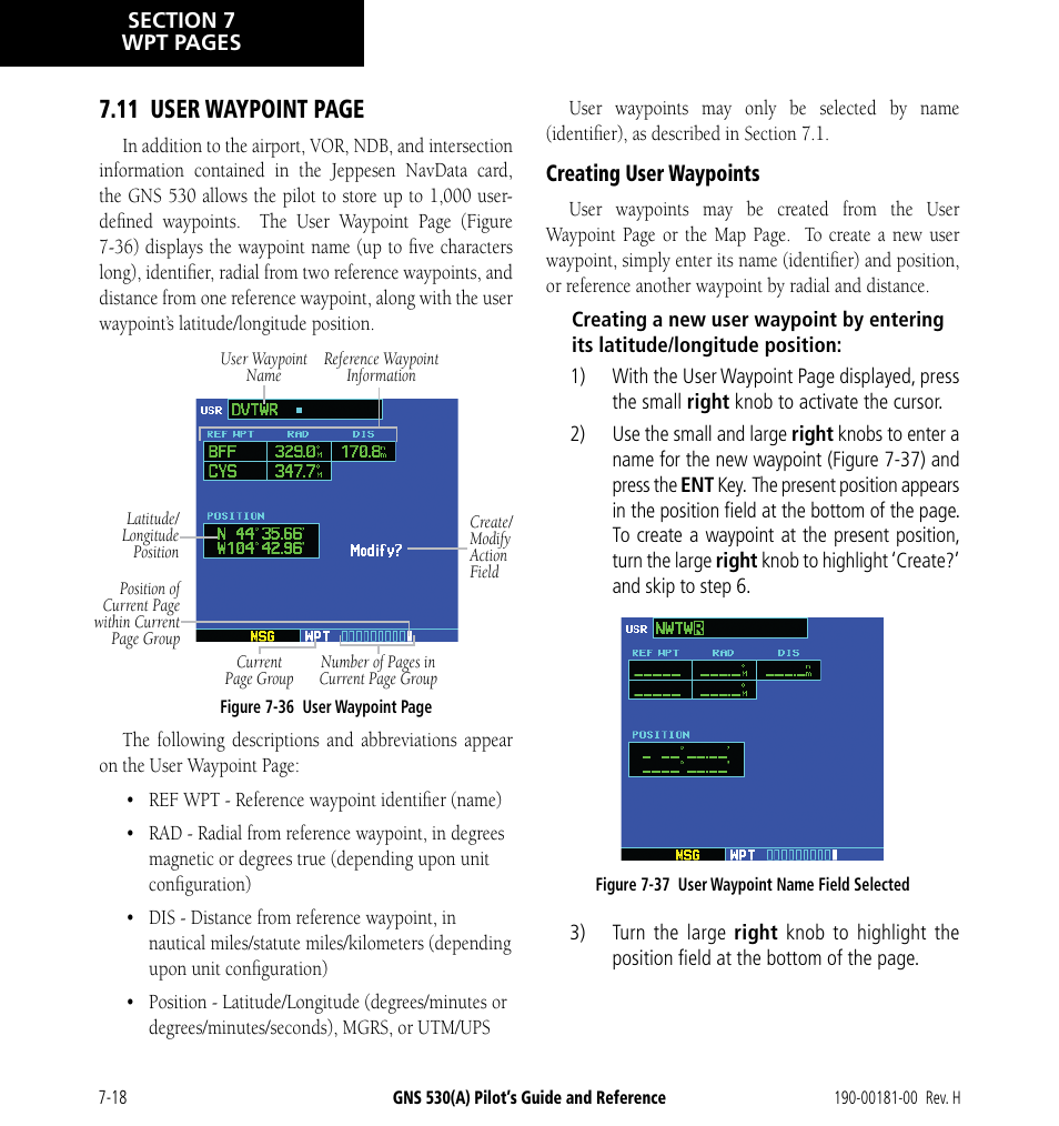 11 user waypoint page | Garmin GNS 530 User Manual | Page 134 / 288
