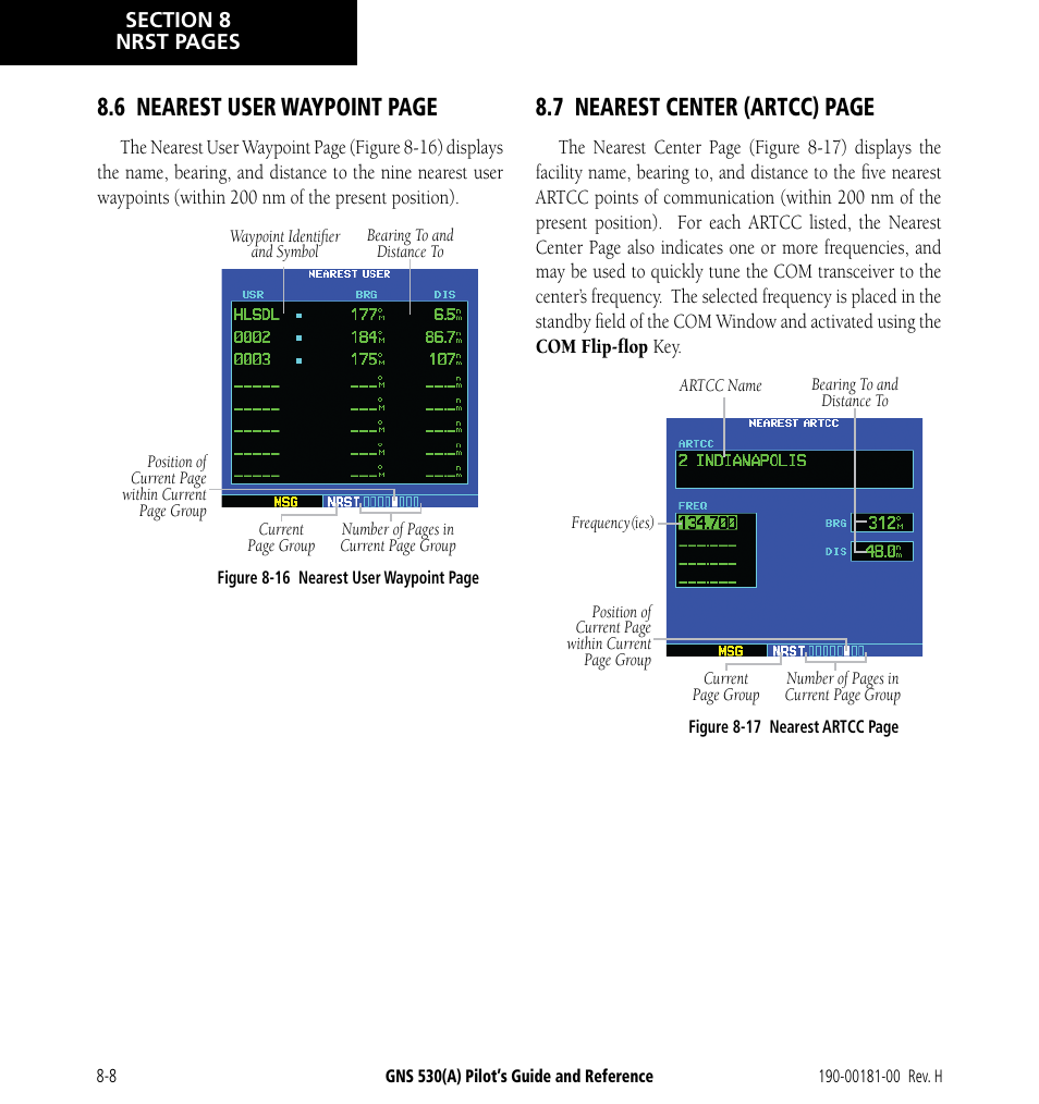 6 nearest user waypoint page, 7 nearest center (artcc) page | Garmin GNS 530 User Manual | Page 150 / 288