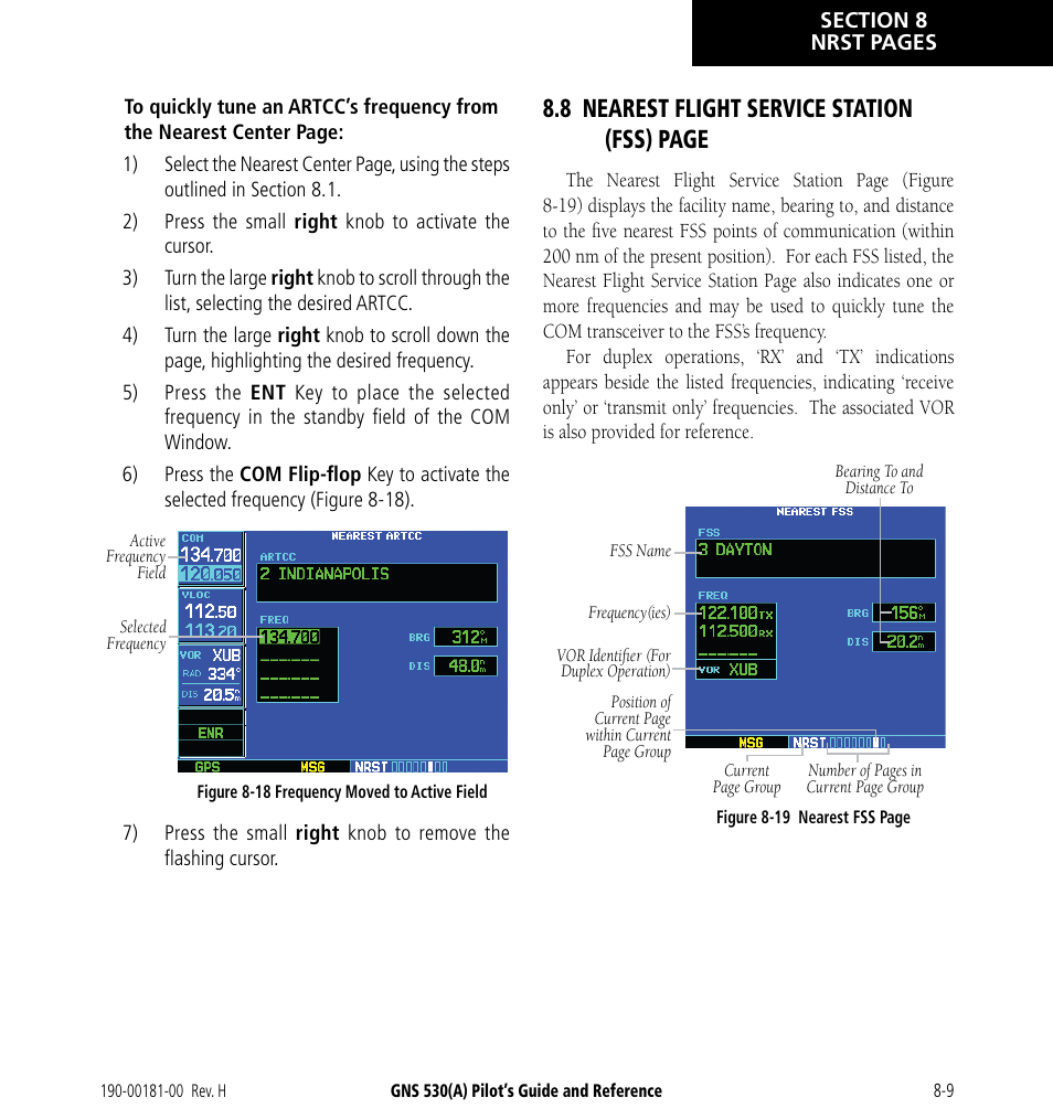 8 nearest flight service station (fss) page | Garmin GNS 530 User Manual | Page 151 / 288