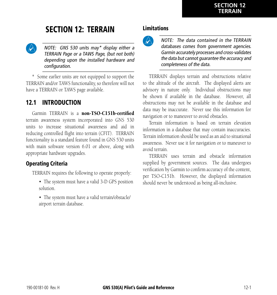 Section 12: terrain, 1 introduction, 1 introduction -1 | Garmin GNS 530 User Manual | Page 195 / 288