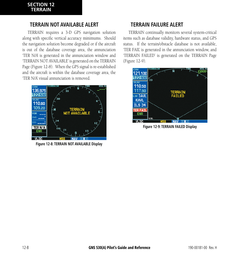 Terrain not available alert, Terrain failure alert | Garmin GNS 530 User Manual | Page 202 / 288