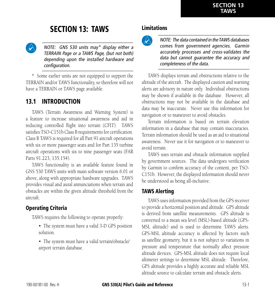 Section 13: taws, 1 introduction, 1 introduction -1 | Garmin GNS 530 User Manual | Page 205 / 288