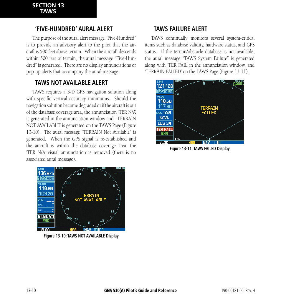 Five-hundred’ aural alert, Taws not available alert, Taws failure alert | Garmin GNS 530 User Manual | Page 214 / 288