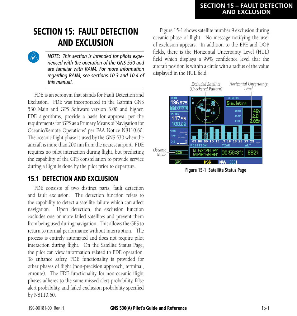 Section 15: fault detection and exclusion, 1 detection and exclusion, Section 15: fault detection and | Exclusion, 1 detection and exclusion -1 | Garmin GNS 530 User Manual | Page 255 / 288