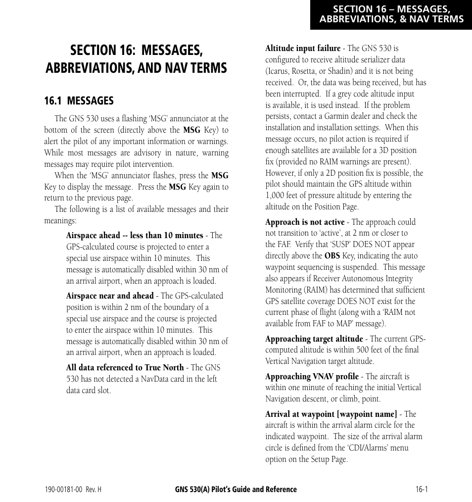 Section 16: messages, abbreviations, and nav terms, 1 messages, Section 16: messages, abbreviations, and | Nav terms, 1 messages -1 | Garmin GNS 530 User Manual | Page 257 / 288