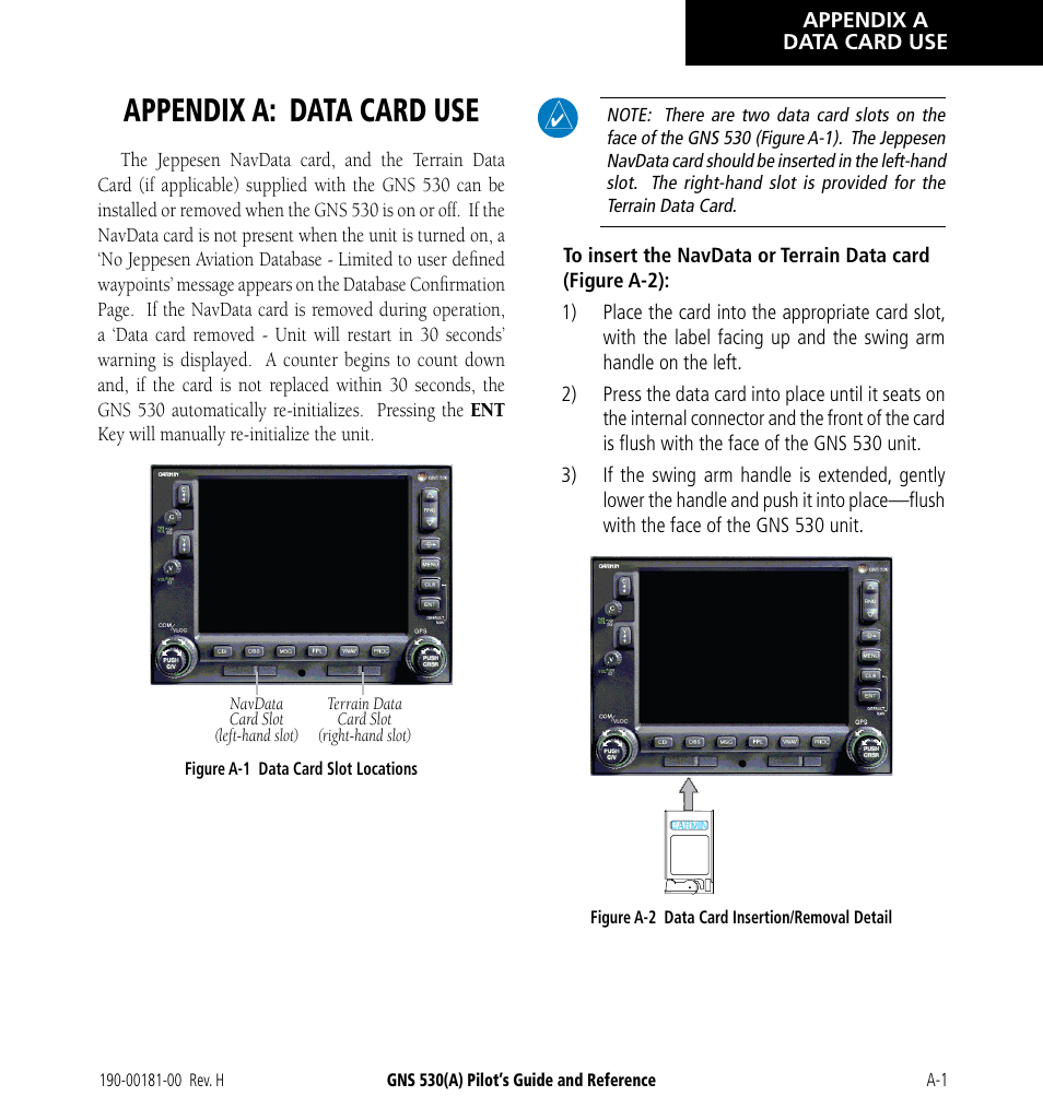 Appendix a: data card use | Garmin GNS 530 User Manual | Page 271 / 288