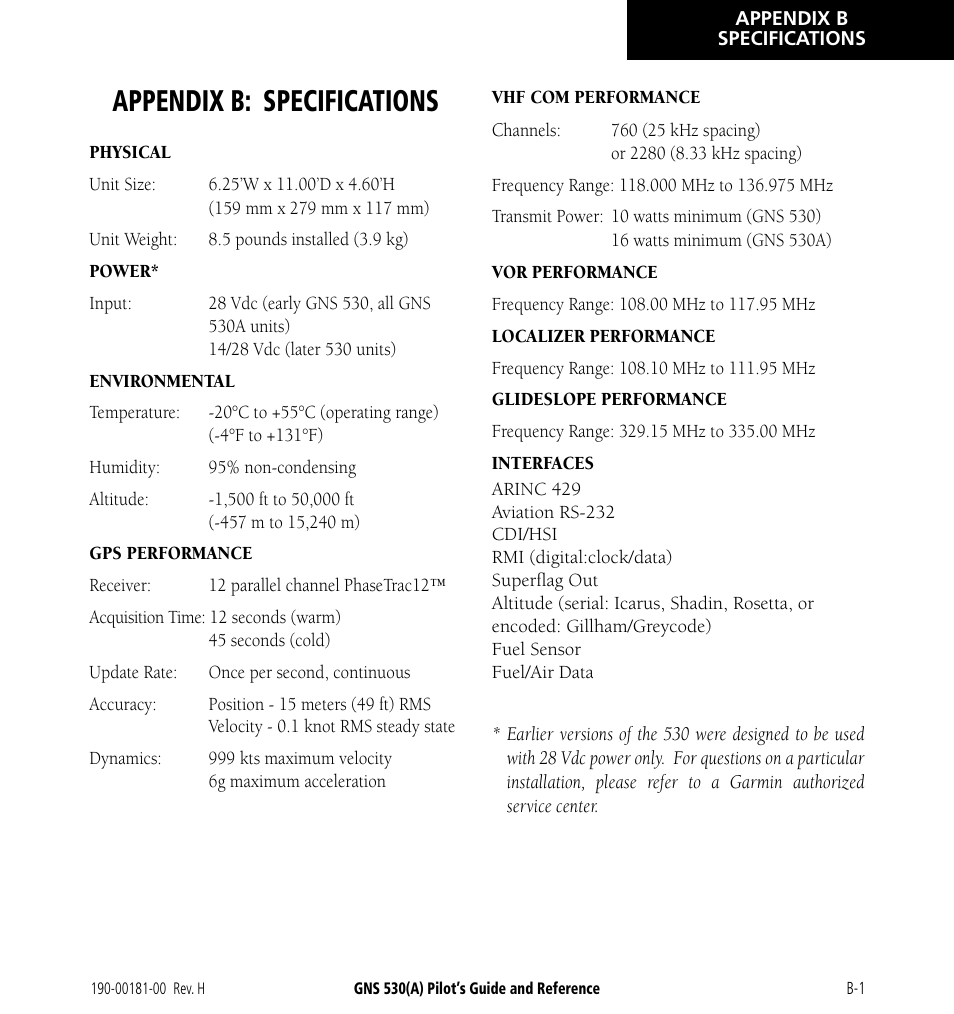 Appendix b: specifications | Garmin GNS 530 User Manual | Page 273 / 288
