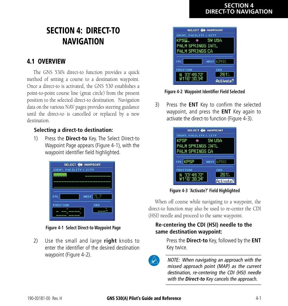 Section 4: direct-to navigation, 1 overview, 1 overview -1 | Garmin GNS 530 User Manual | Page 61 / 288