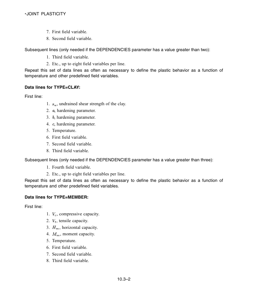 Data lines for type = clay, Data lines for type = member | ABAQUS Volume II: I–Z User Manual | Page 104 / 628