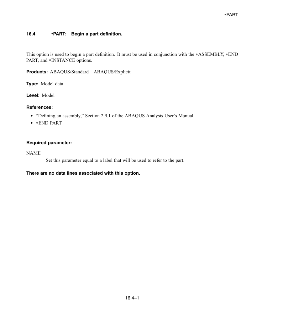 4 * part: begin a part definition, Required parameter | ABAQUS Volume II: I–Z User Manual | Page 245 / 628