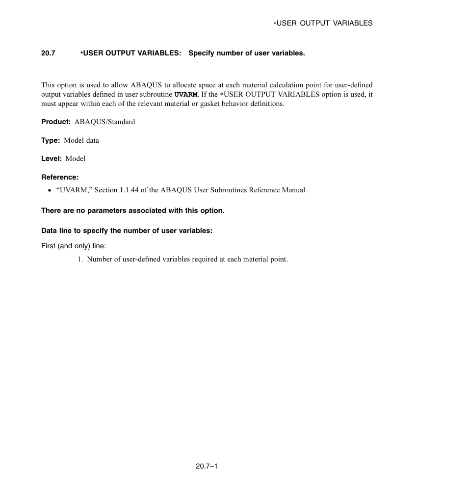 Data line to specify the number of user variables | ABAQUS Volume II: I–Z User Manual | Page 597 / 628