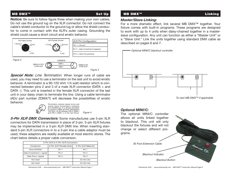 Notice, Pin xlr dmx connectors, Master/slave linking | Optional mini/c, Mb dmx™ linking | American DJ MB DMX User Manual | Page 4 / 8