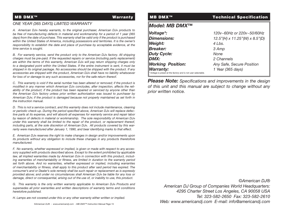 Model: mb dmx | American DJ MB DMX User Manual | Page 8 / 8