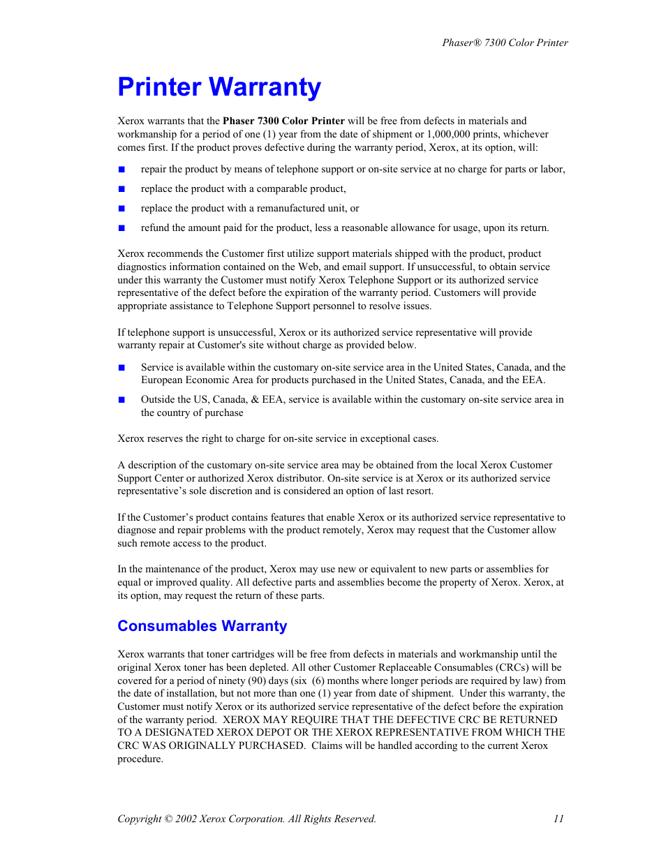 Printer warranty, Consumables warranty | Xerox Phaser 7300 User Manual | Page 14 / 28