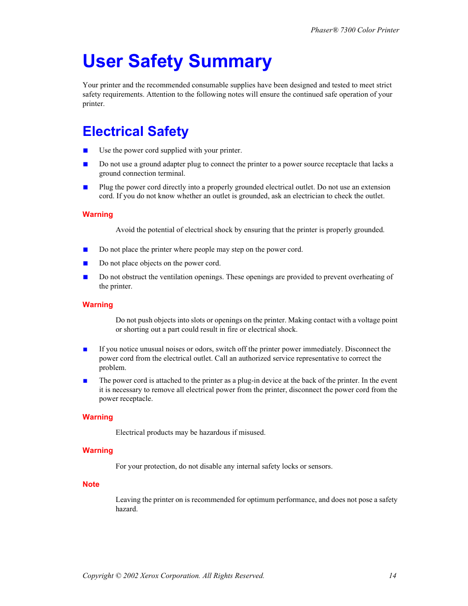 User safety summary, Electrical safety | Xerox Phaser 7300 User Manual | Page 17 / 28