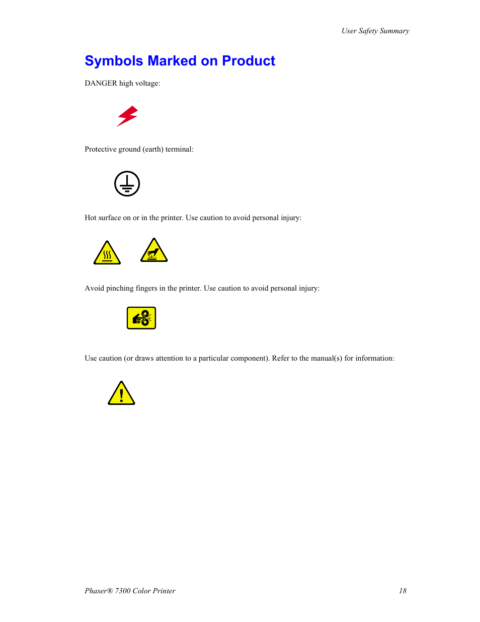 Symbols marked on product | Xerox Phaser 7300 User Manual | Page 21 / 28