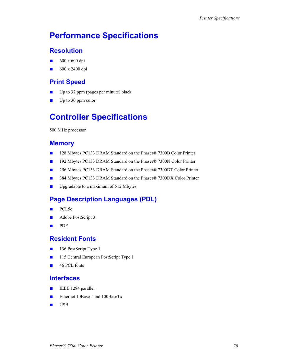 Performance specifications, Resolution, Print speed | Controller specifications, Memory, Resident fonts, Interfaces, Page description languages (pdl) | Xerox Phaser 7300 User Manual | Page 23 / 28