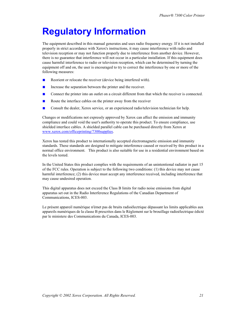 Regulatoryinformation, Regulatory information | Xerox Phaser 7300 User Manual | Page 24 / 28