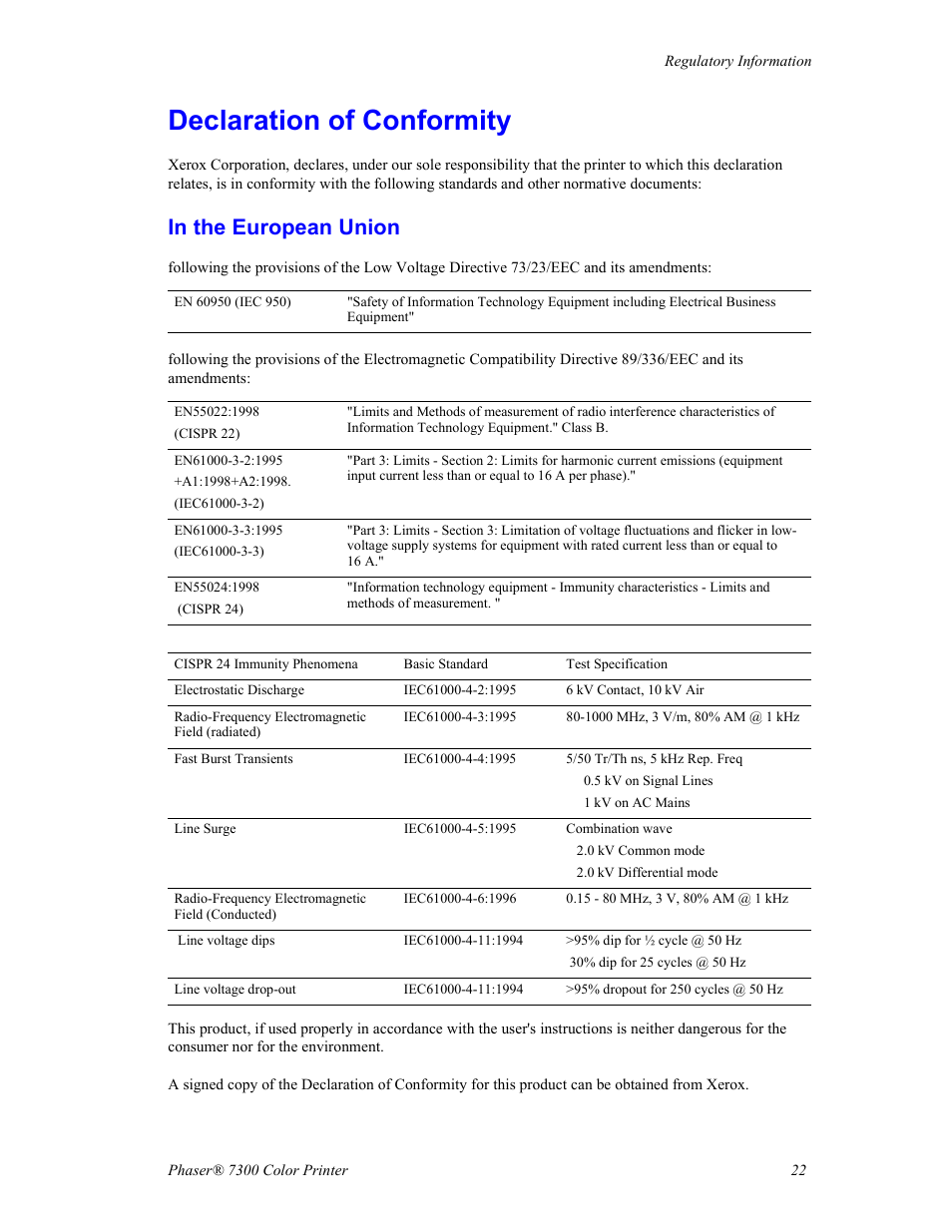 Declaration of conformity, In the european union | Xerox Phaser 7300 User Manual | Page 25 / 28