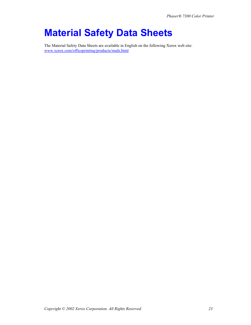 Material safety data sheets | Xerox Phaser 7300 User Manual | Page 26 / 28